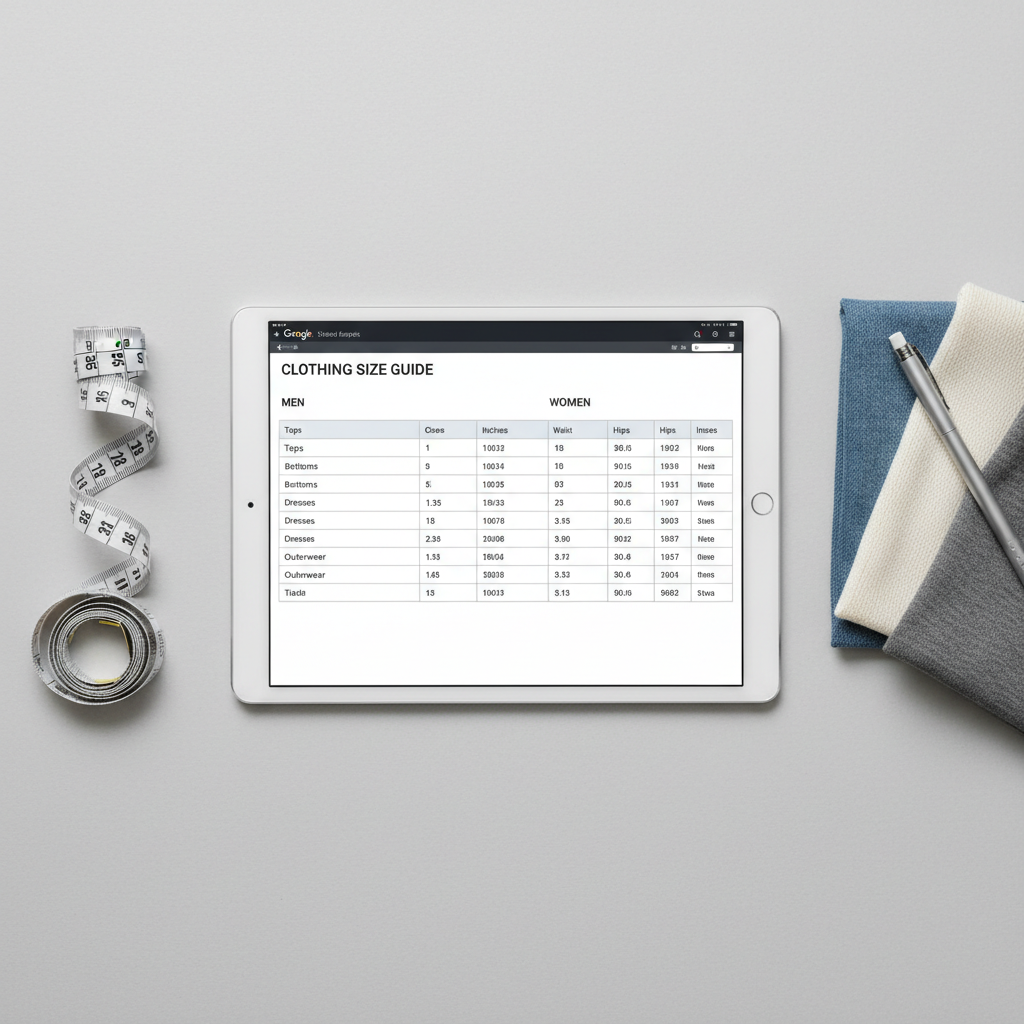 Clothing Size Guide Template mockup showing a size chart on a tablet