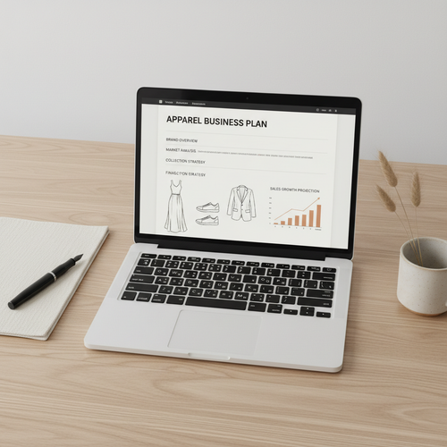 Apparel Business Plan Template mockup showing a Google Doc on a MacBook